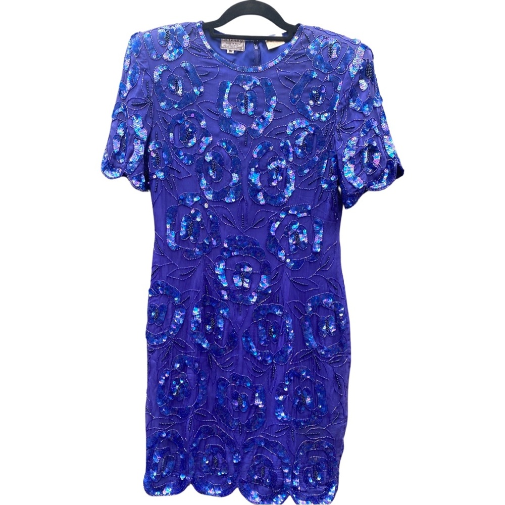 VTG blue sequin mini dress 1980s floral 100%‎ silk vintage evening wear
